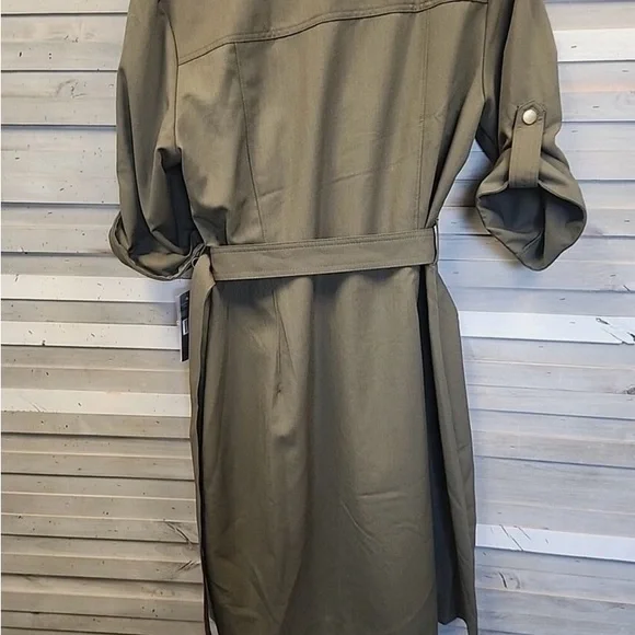 sharagano dress 4 Belted Olive Utility Dress Rolled Sleeved Front Zipper Cargo - Picture 2 of 3
